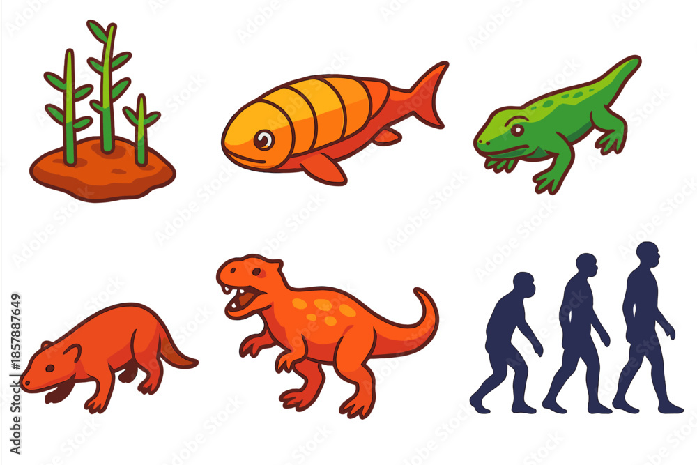 Naklejka premium Evolutionary Icons. Isometric vector illustration set Evolutionary Milestones: first land plants, armored fish, early tetrapod,