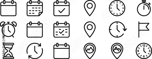 Time and location icons, hourglass, calendar, clock, pin, flag, stopwatch, globe pointer, minimal line style for maps, schedule planner, interface ui pack, vector illustration