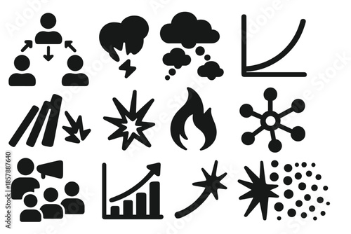 Viral Concept Icons. Solid style icons of viral spread of ideas: contagion arrows, chain reaction, thought cloud replication,