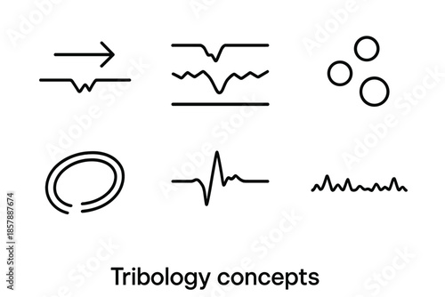 Tribology Icon Illustrations. Line style icons of Tribology Concepts: friction arrow, contact surface diagram, micro-abrasion