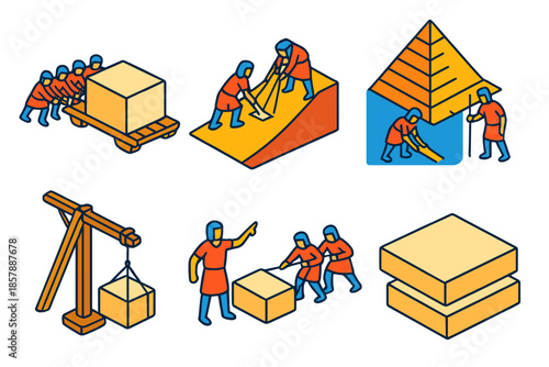 Pyramid Construction Tools. Isometric vector illustration set Geotechnical engineering of pyramids: stone transport sledges,