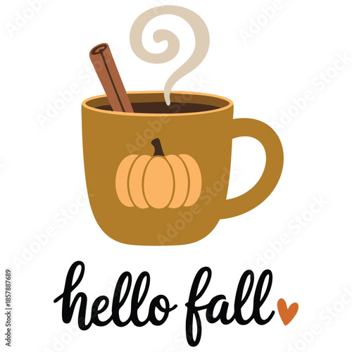 Hello Fall pumpkin spice coffee isolated vector illustration on white autumn