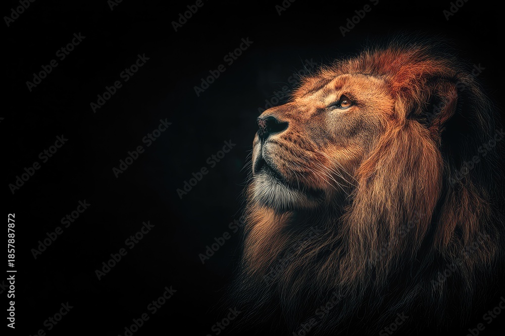 Fototapeta premium Majestic lion portrait illuminated by soft light against a dark backdrop