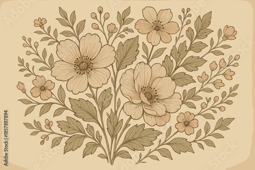 Vintage Floral Illustration. Artistic floral illustration with vector illustration a vintage aesthetic, soft muted colors,