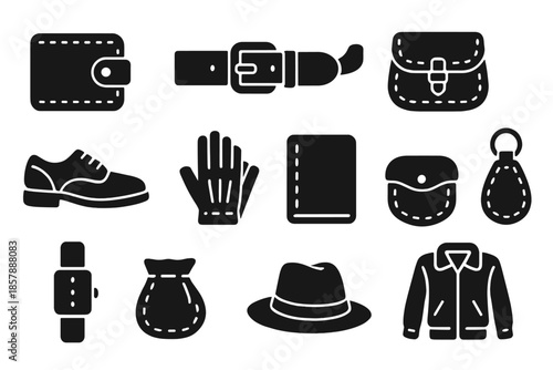 Leather Goods Icons. Solid style icons of Leather Goods: Wallet, Belt, Satchel, Shoes, Gloves, Book Cover, Watch Strap, Pouch,