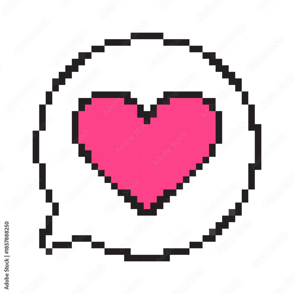 Fototapeta premium Pixel art heart message icon for Valentine’s Day. Cute 8-bit chat bubble with heart, perfect love and romance symbol for dating app, game, sticker, social media, and holiday design.