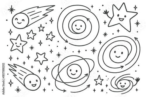 Cosmic Cartoon Adventure. Magical doodle interstellar origin study with smiling comets, cartoon orbital maps, cheerful stars and