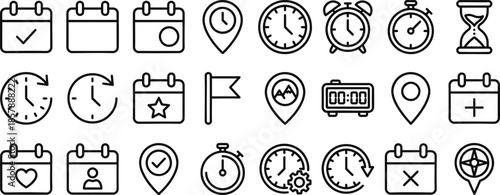 Time and location icons, hourglass, calendar, clock, pin, flag, stopwatch, globe pointer, minimal line style for maps, schedule planner, interface ui pack, vector illustration