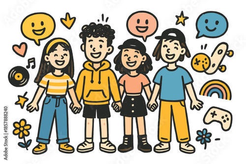 Youthful Unity Celebration. Cheerful doodle generational identity scene with happy teens and young adults holding hands, cartoon