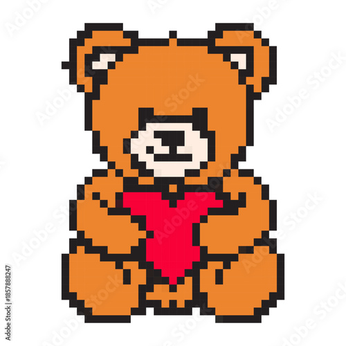 Pixel art teddy bear holding a red heart in 8-bit style. Cute colorful Valentine icon for love, romance, wedding, greeting card, or romantic gift design projects