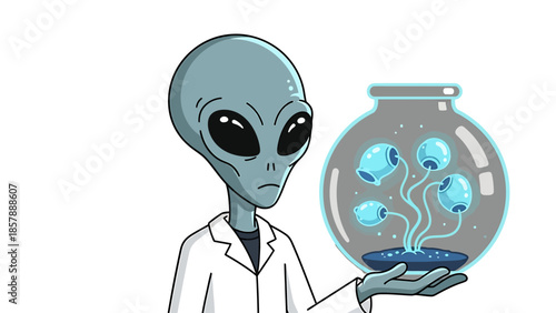 An alien scientist holding a glass jar containing blue microscopic organisms in a laboratory setting