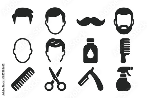 Retro Hairstyles Icons. Solid style icons of Retro Hairstyles: Pompadour, Side Part, Mustache, Beard, Shaved Head, Waves, Hair Oil
