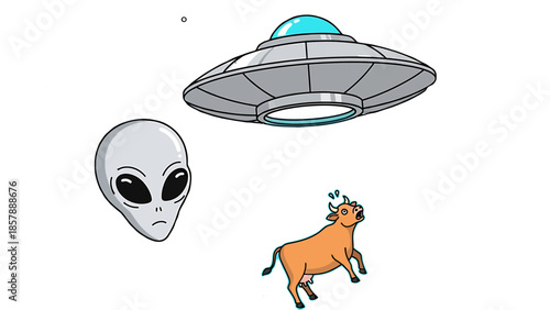 An extraterrestrial being observes a cow near a futuristic spaceship in a surreal scene