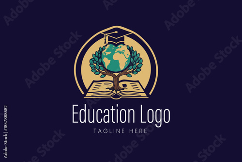 Academic crest with globe book and graduation cap for education and global learning Vector logo template