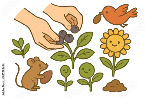 Harmonious Forest Gathering. Ethical harvesting forest with hands gently picking berries, plants smiling, and animals carrying