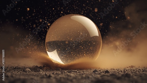 A large transparent glass sphere sitting on a dusty surface with particles floating around it