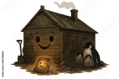 Historic Hut Scene. Historic hut with old tools smiling, explorers’ journals glowing, and penguins nesting nearby No text, No