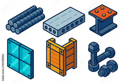 Construction Material Icons. Isometric vector illustration set Construction Materials: steel rebar, precast concrete slab,