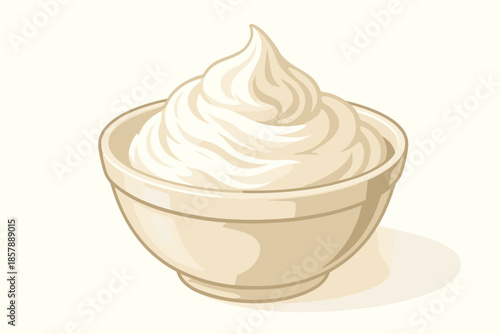 Whipped Cream Elegance. Elegant bowl of whipped cream with soft peaks, bright natural lighting, clean and inviting composition,