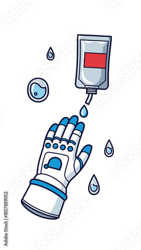 Robot hand grasping a blood bag with dripping liquid and surrounding droplets in a futuristic illustration