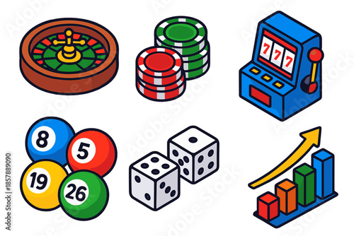 Games of Chance Icons. Isometric vector illustration set Games of Chance: roulette wheel, poker chips, slot machine, lottery balls