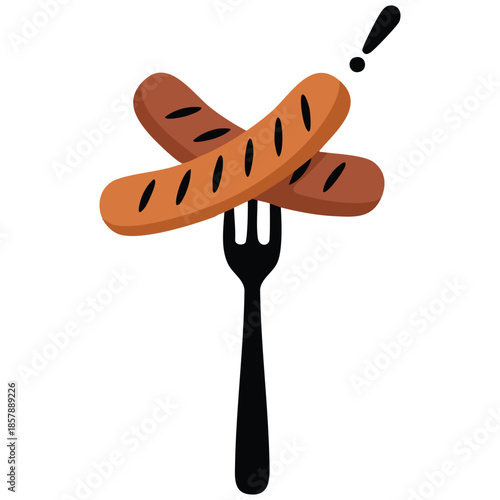 Sausage on fork vector illustration smoked grilled steak cooking food menu isolated white background