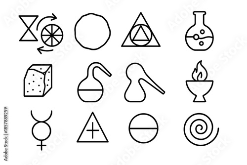 Alchemical Practices Icons. Line style icons of Alchemical Practices: Transmutation, Prima Materia, Alchemical Symbol, Flask;