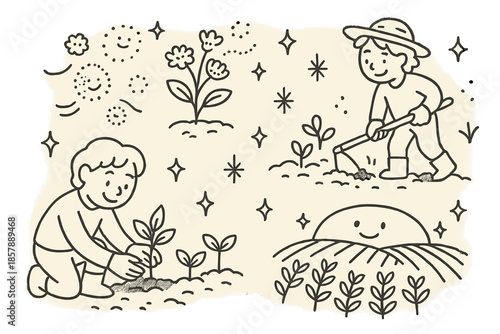 Joyful Ancient Agriculture. Friendly doodle ancient agriculture study with happy characters planting crops, cartoon pollen