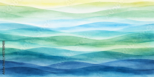 Beautiful abstract watercolor landscape featuring a blue sky with soft clouds and sun light over a serene summer ocean wave with a beautiful horizon
