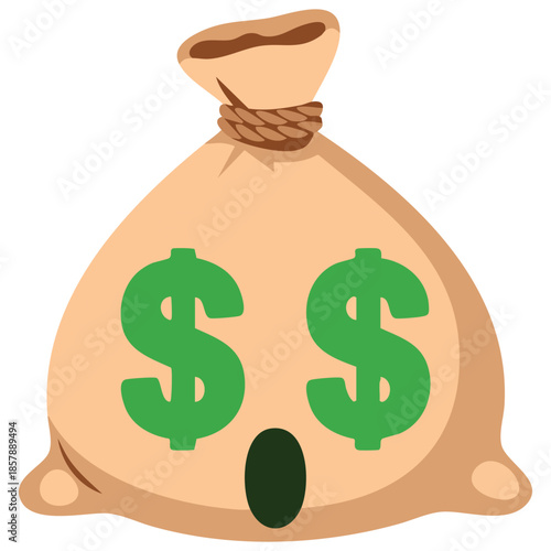 Cartoon money bag with greedy expression dollar sign eyes vector sticker for finance wealth humor