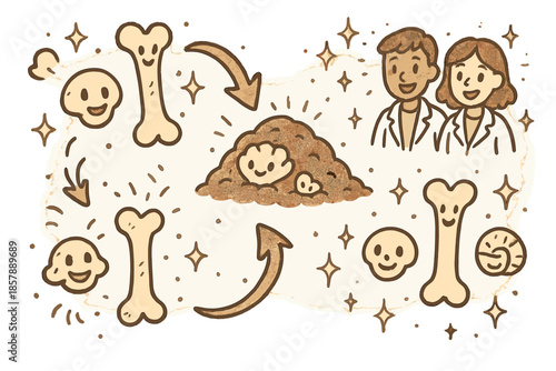 Cheerful Taphonomy Journey. Magical doodle taphonomic timeline with cheerful bones and shells, cartoon arrows showing decay and