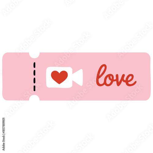 Pink ticket with movie camera heart and love words symbolizes date night romantic movie valentines day