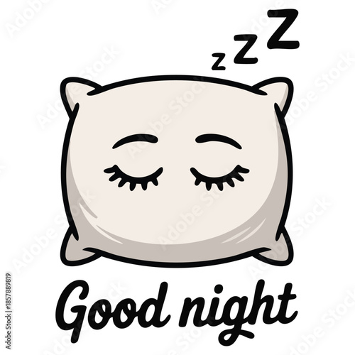 Sleeping pillow cartoon with closed eyes and zzz hand drawn good night isolated vector illustration on white background