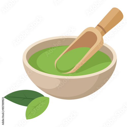 Pile of matcha tea powder with scoop vector extensions isolated vector illustration on white background