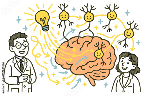 Playful Brain Mapping. Playful doodle therapeutic brain mapping illustration with happy neurons, cartoon light beams guiding
