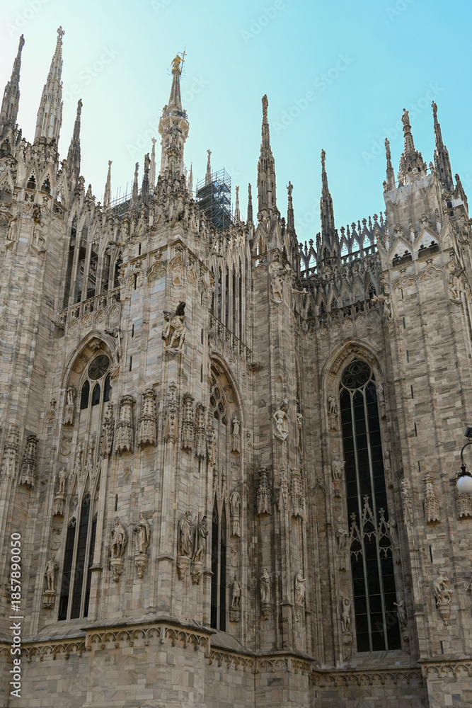 Fototapeta premium Views of central part of Milan, Brera district, shopping area, church Duomo, architectural details, streets, walking in Milan, Lombardy, Italy