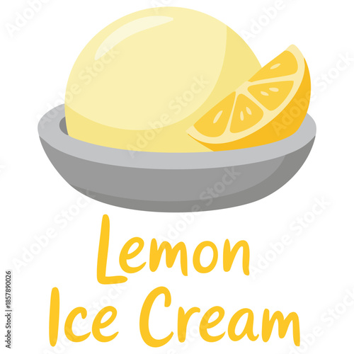 Delicious frozen dessert lemon ice cream balls in bowl flat vector illustration isolated white background