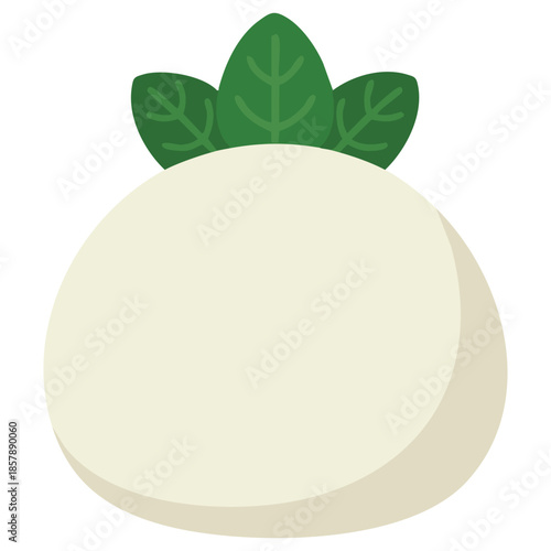 Mozzarella piece of cheese with green basil isolated white flat design style for menu cafe restaurant