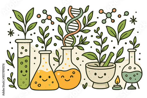 Whimsical Herbal Lab. Whimsical doodle herbal pharmacology scene with smiling flasks, cartoon DNA strands intertwined with plants,