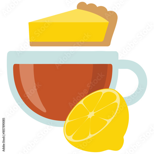 Tea with lemon pie and lemon fruit cut off piece isolated with cup flat food design for menu cafe