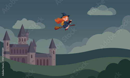 Cute Little Witch Flying on a Broomstick Reading a Magic Book Over a Haunted Castle at Night