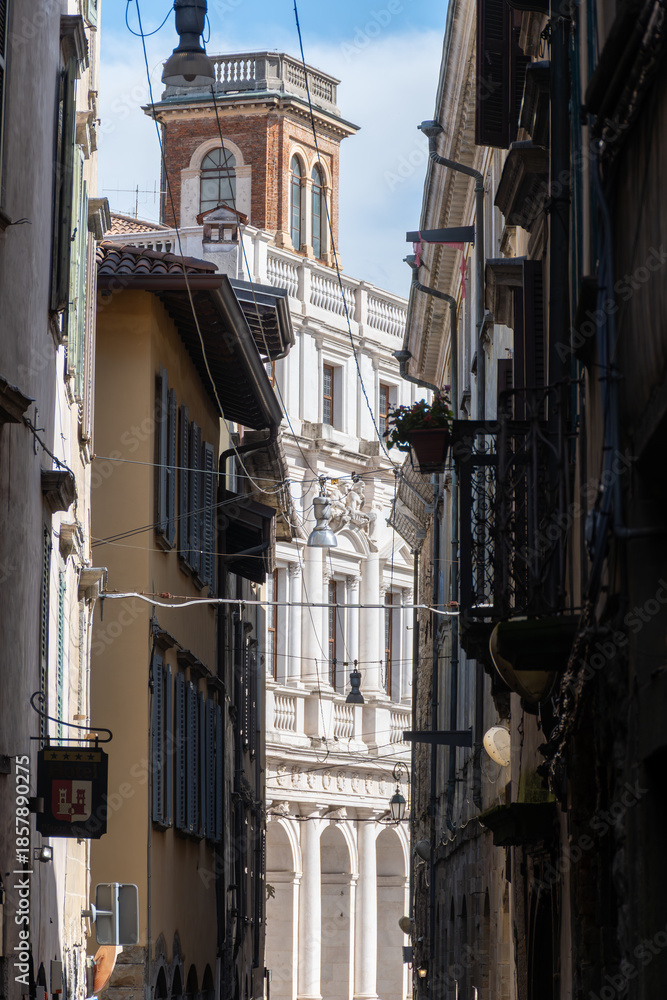 Fototapeta premium Tourists destination, historical part of Bergamo city, Bergamo Alta with narrow streets, churces, old houses, located on hill with fortress walls, Lombardy, Northern Italy