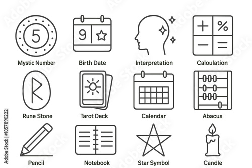 Esoteric Calculation Icons. Line style icons of Esoteric Calculation: Mystic Number, Birth Date, Interpretation, Calculation; Rune