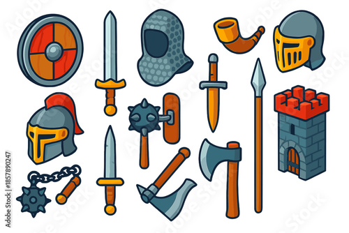Viking Arms Collection. Isometric vector illustration set Sword & Shield: round Viking shield, forged longsword blade, chainmail