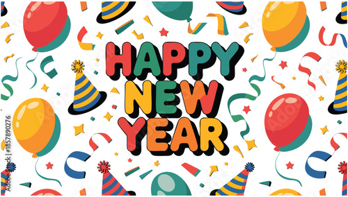 A cheerful and festive illustration wishing Happy New Year featuring bold colorful text