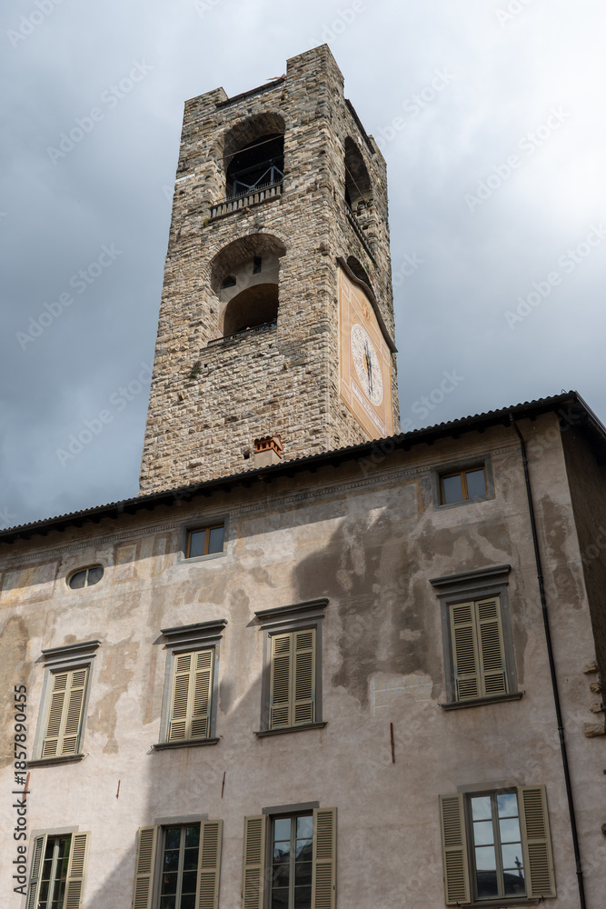 Fototapeta premium Tourists destination, historical part of Bergamo city, Bergamo Alta with narrow streets, churces, old houses, located on hill with fortress walls, Lombardy, Northern Italy