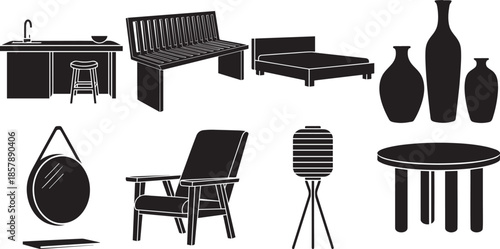 Minimalist home furniture collection set including kitchen counter bench bed chair and round table