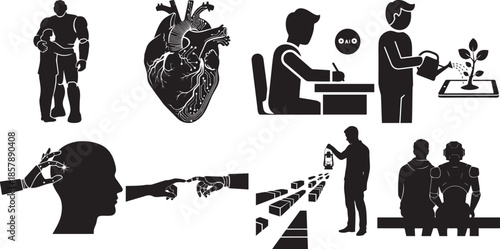 Robot and human figures representing artificial intelligence technology and automation concepts