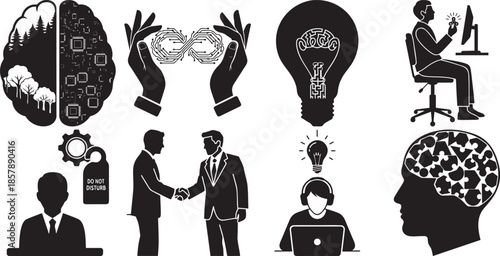 Creative thinking process brainstorm for business and personal growth solution concept icon set