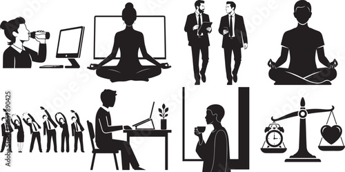 Set of business people icons showing healthy work life balance and office wellness activities